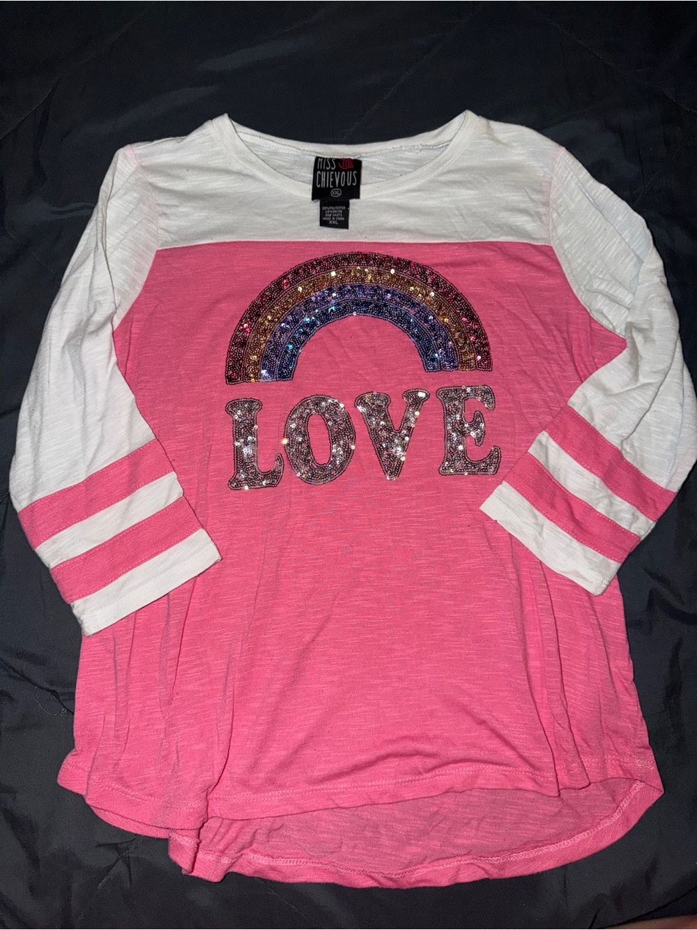 Miss Chievous Pink & White Sequin Rainbow LOVE Long Sleeve Tee
